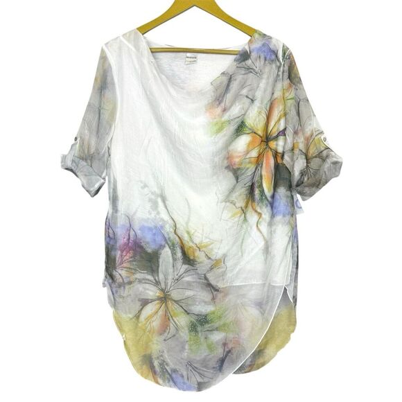 Feratelli Floral Sheer Tunic Size L Cowl Neck Sequins Art To Wear Fairy Boho Y2K - Picture 1 of 8